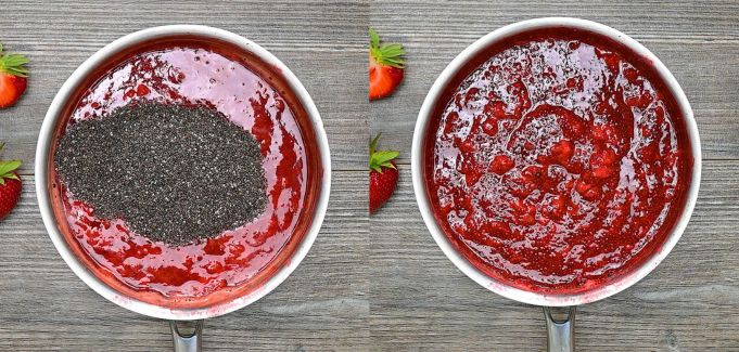 Adding and stirring chia seeds into the mashed strawberries.
