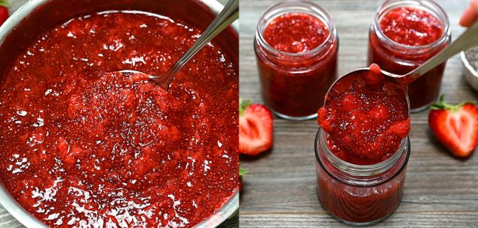 Thick strawberry chia jam being spooned into glass jars.
