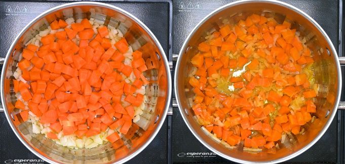 Sautéing carrots and onions in olive oil in a pot.