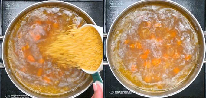 Adding orzo pasta to the boiling soup in a pot.