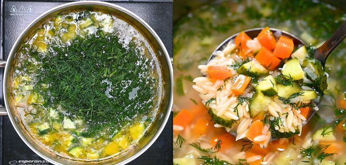 Adding diced cucumbers, fresh dill, and lemon juice to the soup.