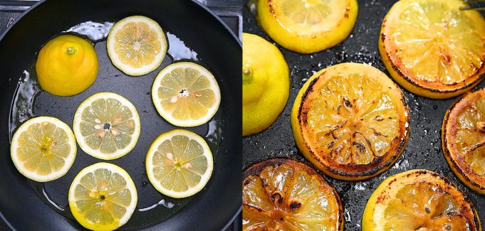 Lemon slices frying in a skillet until caramelized.