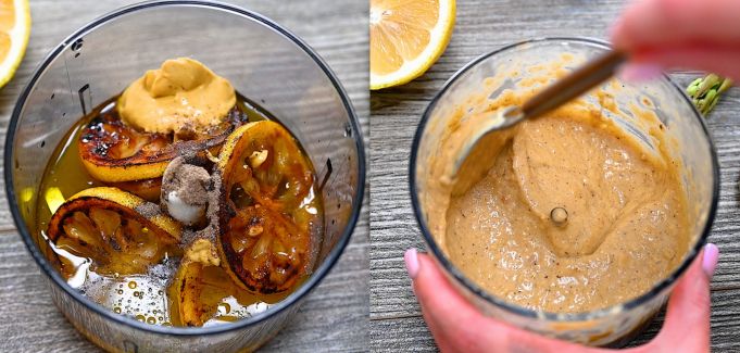 Fried lemons and the remaining ingredients in a blender before blending until smooth.