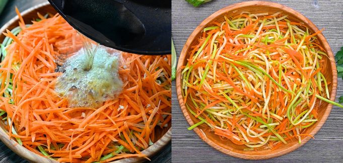 Hot oil added to the zucchini, carrots, garlic, and spices.