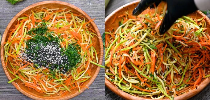 Adding parsley and sesame seeds to the zucchini salad.