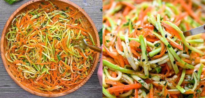 Marinating the zucchini salad before serving.