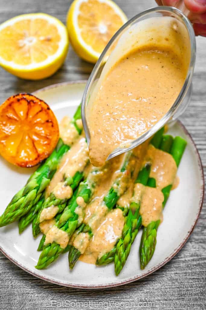 Fried Lemon Sauce drizzled over fresh asparagus.