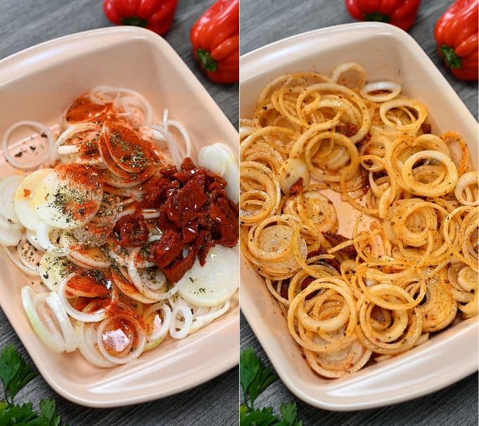 A two-panel photo showing a ceramic baking dish with sliced onions. The left panel shows them topped with dried herbs, paprika, and sun-dried tomatoes; the right panel shows the ingredients tossed and mixed together.