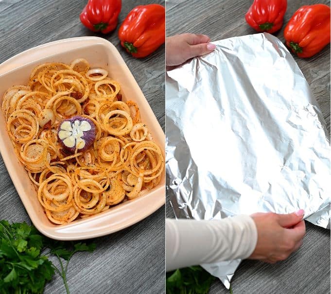 A two-panel photo showing seasoned sliced onions with a whole garlic head in a baking dish, and hands covering the dish with aluminum foil.