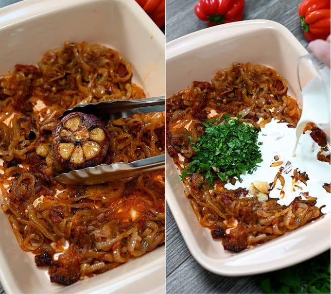A two-panel photo showing a ceramic baking dish with caramelized onions and sun-dried tomatoes. The left panel shows kitchen tongs placing a roasted bulb of garlic into the mixture; the right panel shows fresh chopped parsley and a white liquid being poured over the base.