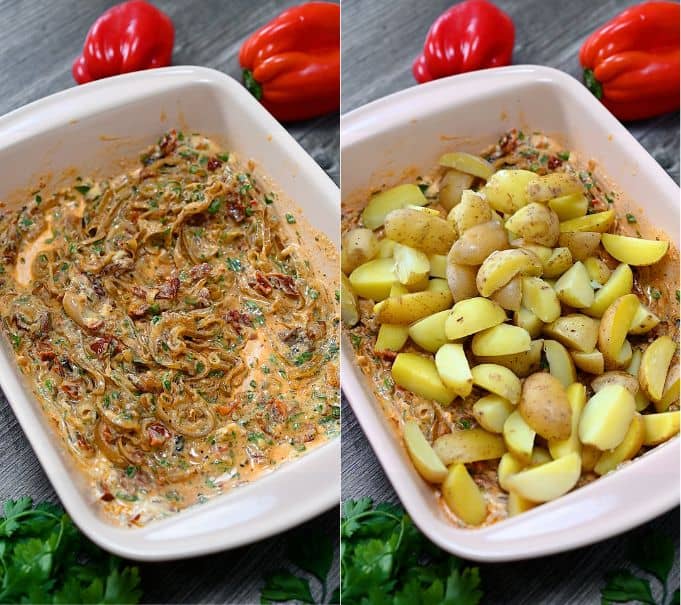 A two-panel photo showing a baking dish. The left panel shows the fully mixed creamy onion sauce; the right panel shows boiled potato wedges added on top.