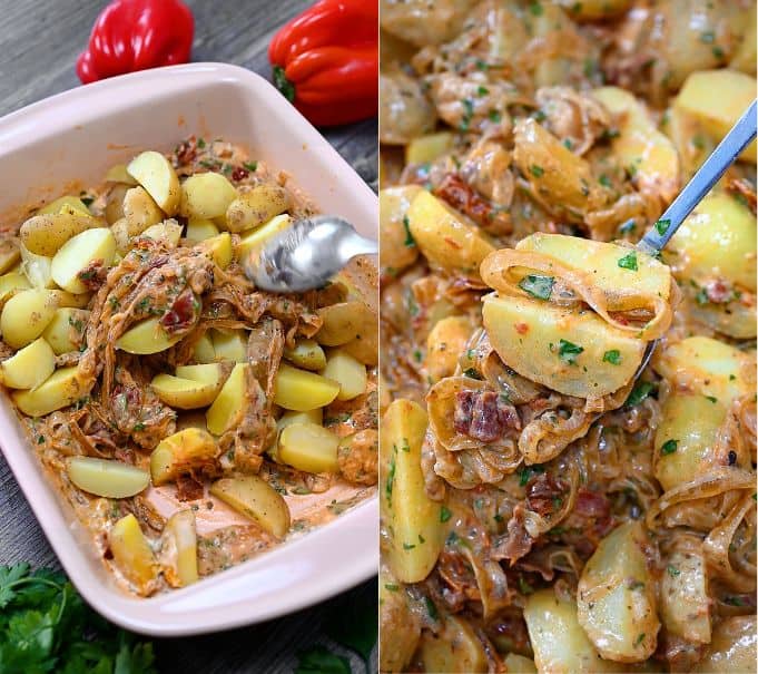 A two-panel photo showing boiled potatoes being mixed into caramelized onion sauce. The left panel shows a spoon tossing the potatoes in the dish; the right panel shows a close-up scoop of the fully coated creamy potatoes.