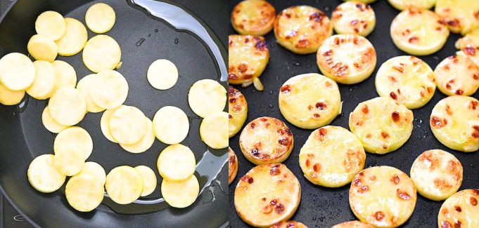 Frying zucchini cores in a pan until they are golden brown and crispy.