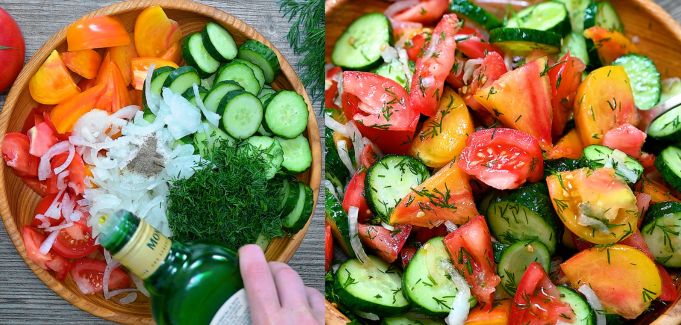 A hand pouring olive oil from a green bottle onto the salad ingredients in a wooden bowl on the left, and the mixed salad on the right.