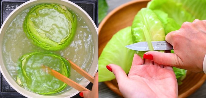 Boiling cabbage leaves in a pot and trimming the tough center ribs with a knife