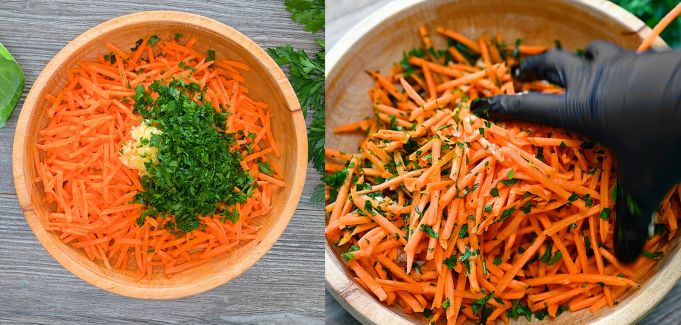 Tossing shredded carrots with minced garlic and fresh parsley in a wooden bowl