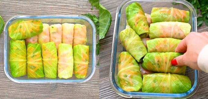 Arranging stuffed cabbage rolls snugly in a glass container in neat rows