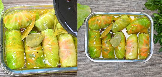 Pouring warm pickling brine with bay leaves over stuffed cabbage rolls in a glass container