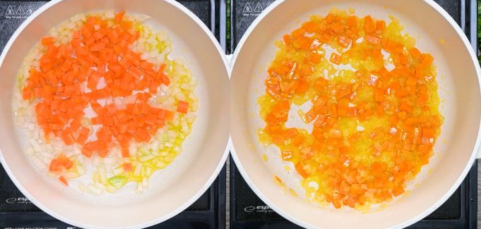 Sautéing onions and carrots in olive oil.