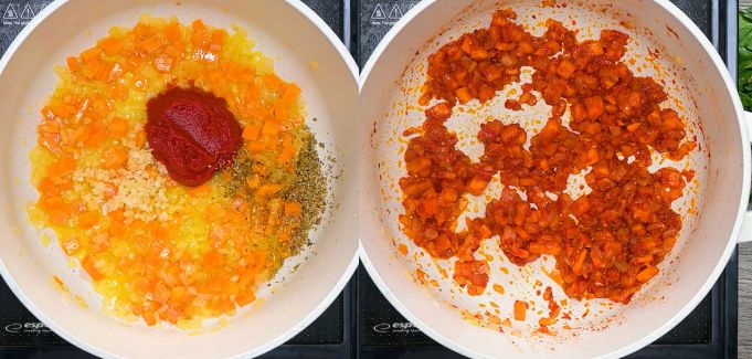 Adding garlic, tomato paste, and oregano to sautéed vegetables.