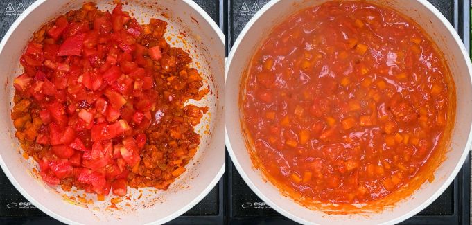 Adding chopped fresh tomatoes to the pot.
