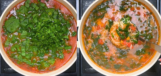 Adding spices, spinach, and parsley to the soup.