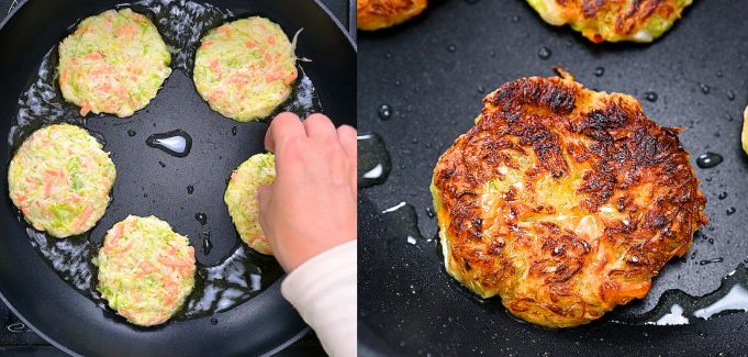 Side-by-side view of placing raw cabbage patties into a skillet with hot oil, and a close-up of a flipped fritter with a golden crispy crust.
