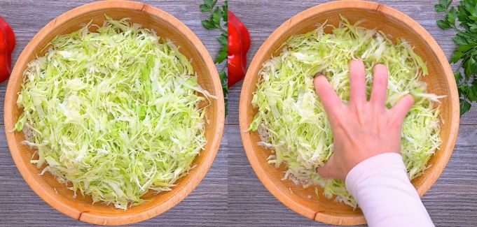 Side-by-side view of shredded green cabbage in a wooden bowl being massaged with a hand to release moisture.