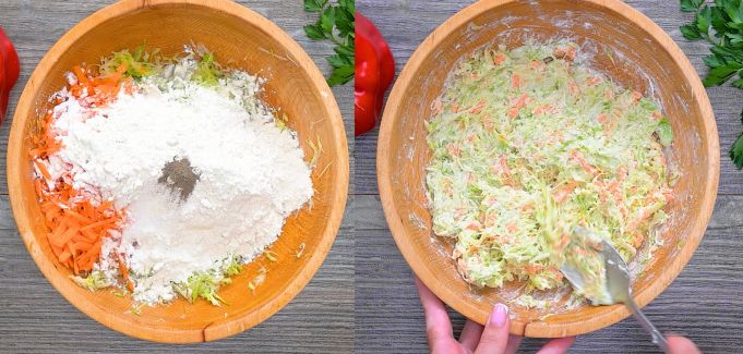 Side-by-side view of adding flour, spices, and carrots to cabbage in a wooden bowl, then mixing everything together with a spoon.