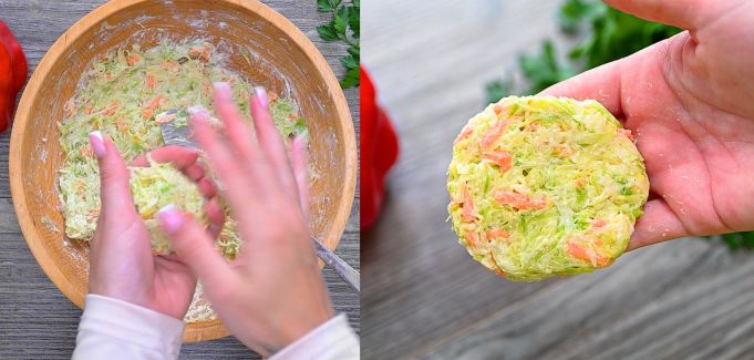 Split photo showing hands shaping the cabbage mixture into a round patty over a wooden bowl, and a close-up of a formed patty in palm.