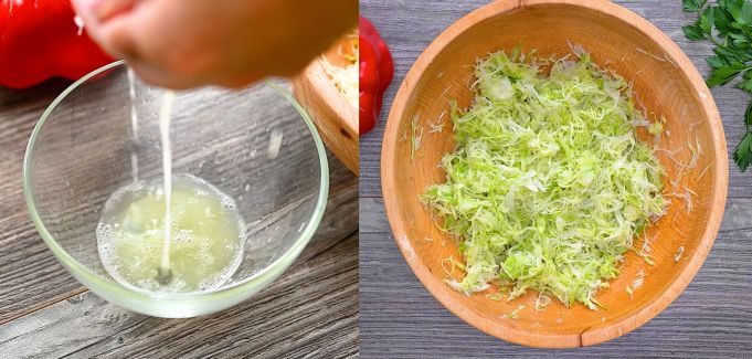 Split photo showing hands squeezing liquid from shredded cabbage into a clear bowl on the left, and the resulting dry cabbage in a wooden bowl on the right.