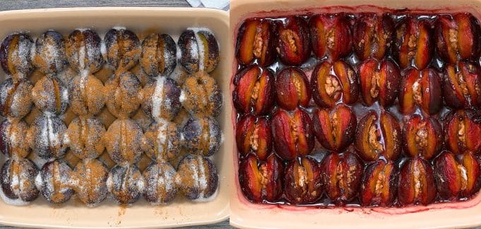 A two-panel image showing before and after roasting. The left panel shows raw plums dusted with sugar and cinnamon; the right shows them baked and swimming in ruby syrup.
