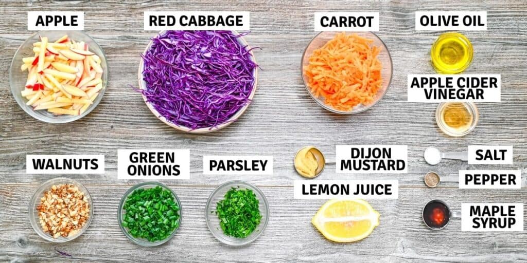 All ingredients for the dressing and salad prepped in individual bowls.