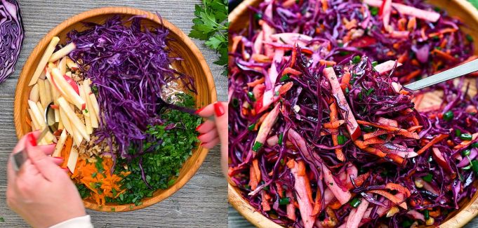 Tossing the red cabbage salad in a wooden bowl until evenly coated with dressing.