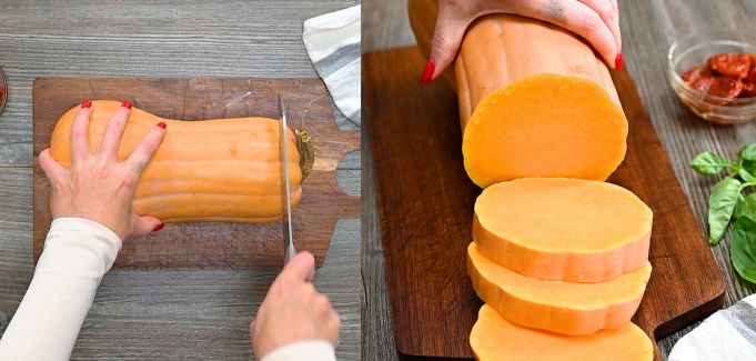 Peeling and cutting butternut squash into even slices on a dark wood board.
