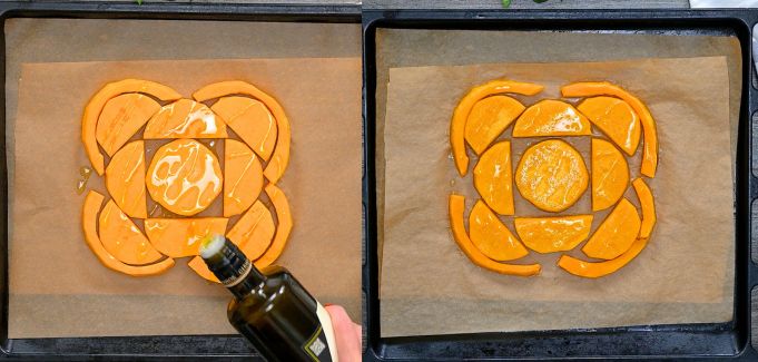 Butternut squash pieces shaped into a circle on parchment paper and coated with olive oil.