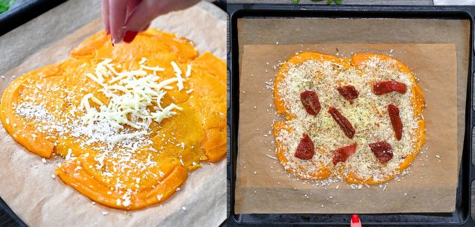 Adding dairy-free cheese and savory toppings onto the smashed vegetable base before the final bake.