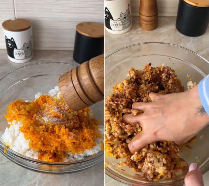 Mixing the vegan ground meat, rice, sautéed carrot, onion, and spices in a glass bowl.