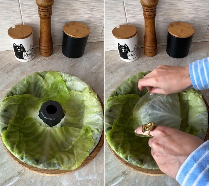 Lining a Bundt pan with tender green cabbage leaves covering the bottom and center tube.