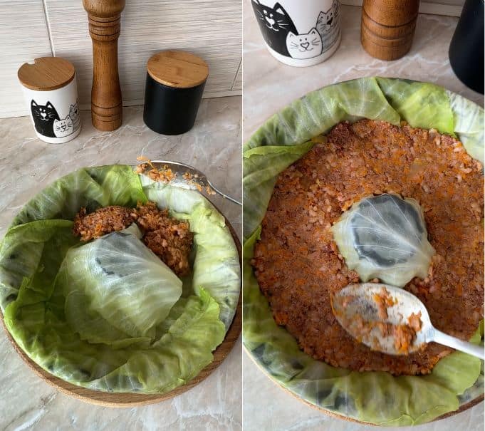 Adding the first layer of rice and meat filling into the cabbage-lined Bundt pan.