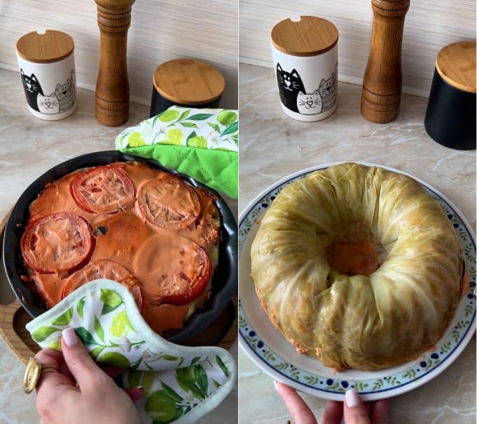 Baked cabbage cake in the pan and flipped onto a serving plate.
