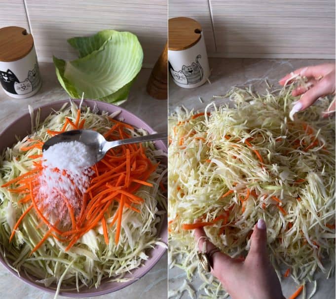Adding coarse non-iodized salt to shredded cabbage and carrots and tossing gently with hands.