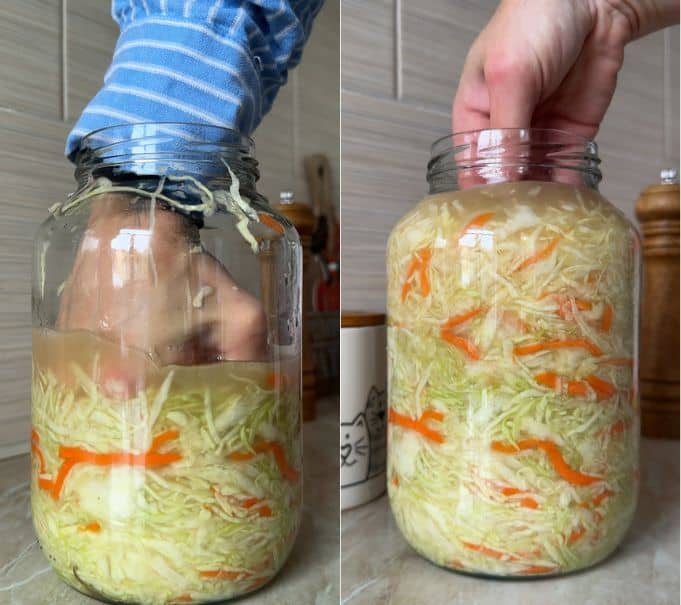 Tightly packing shredded cabbage into a glass jar by hand until submerged under natural brine.