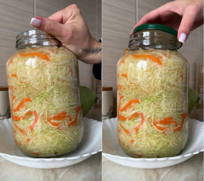 Placing the packed sauerkraut jar in a shallow bowl and loosely covering it with a lid to let fermentation gases escape.