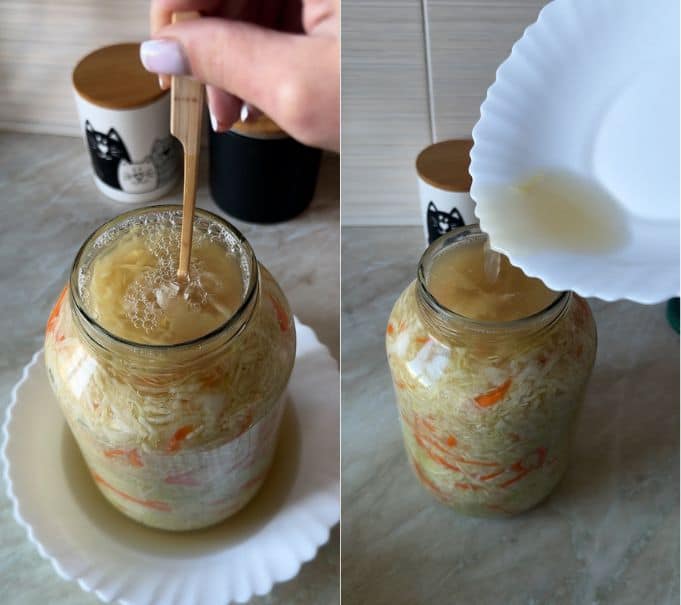 Piercing fermenting sauerkraut with a wooden skewer to release trapped gas bubbles and pouring overflow brine back into the jar.