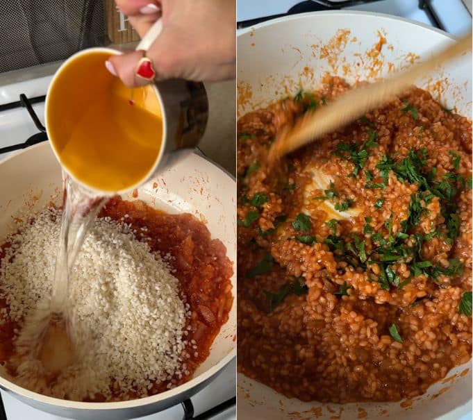 Adding water to rice in a skillet with sautéed onions and folding in fresh chopped parsley to make the cabbage roll filling.