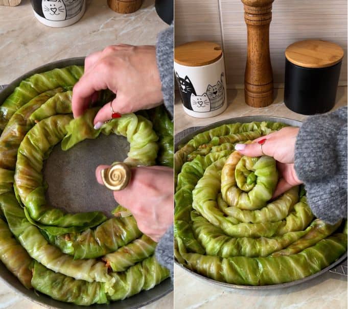 Arranging rolled cabbage leaves tightly into a spiral pattern in a round baking dish from the edges to the center.
